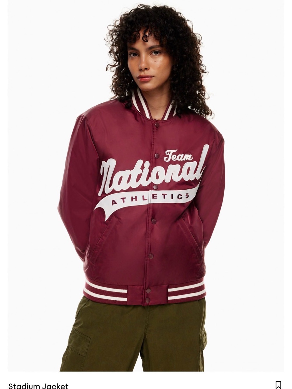 Aritzia TNA Burgundy Satin Varsity Bomber Jacket with White Lettering